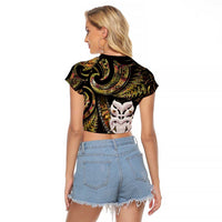 New Zealand Aotearoa Raglan Cropped T Shirt Maori Wheku Paua Shell Glitter Gold LT05 - Polynesian Pride