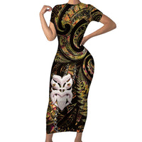 New Zealand Aotearoa Short Sleeve Bodycon Dress Maori Wheku Paua Shell Glitter Gold LT05 Long Dress Gold - Polynesian Pride