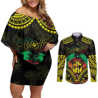 Aloha Tropical Palm Trees Couples Matching Off Shoulder Short Dress and Long Sleeve Button Shirt Reggae Polynesian Pattern