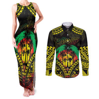 Aloha Tropical Palm Trees Couples Matching Tank Maxi Dress and Long Sleeve Button Shirt Reggae Polynesian Pattern