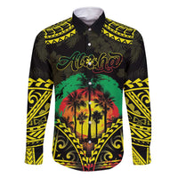 Aloha Tropical Palm Trees Family Matching Mermaid Dress and Hawaiian Shirt Reggae Polynesian Pattern LT05 Dad's Shirt - Long Sleeve Black - Polynesian Pride