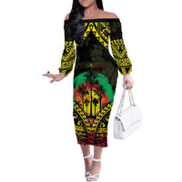 Aloha Tropical Palm Trees Family Matching Off The Shoulder Long Sleeve Dress and Hawaiian Shirt Reggae Polynesian Pattern LT05 Mom's Dress Black - Polynesian Pride