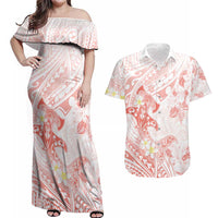 Polynesia Hammerhead Shark Couples Matching Off Shoulder Maxi Dress and Hawaiian Shirt Tropical Flowers Tribal Pattern Peach