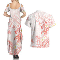 Polynesia Hammerhead Shark Couples Matching Summer Maxi Dress and Hawaiian Shirt Tropical Flowers Tribal Pattern Peach