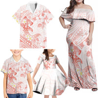 Polynesia Hammerhead Shark Family Matching Off Shoulder Maxi Dress and Hawaiian Shirt Tropical Flowers Tribal Pattern Peach LT05 - Polynesian Pride