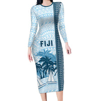 Custom Fiji Regatta Family Matching Long Sleeve Bodycon Dress and Hawaiian Shirt Palm Tree Tapa Pattern LT05 Mom's Dress Blue - Polynesian Pride