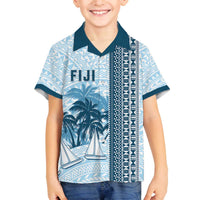 Custom Fiji Regatta Family Matching Off The Shoulder Long Sleeve Dress and Hawaiian Shirt Palm Tree Tapa Pattern LT05 Son's Shirt Blue - Polynesian Pride