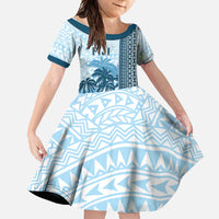 Custom Fiji Regatta Family Matching Off Shoulder Maxi Dress and Hawaiian Shirt Palm Tree Tapa Pattern LT05 Daughter's Dress Blue - Polynesian Pride