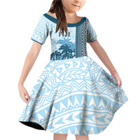 Custom Fiji Regatta Family Matching Off Shoulder Short Dress and Hawaiian Shirt Palm Tree Tapa Pattern LT05 Daughter's Dress Blue - Polynesian Pride