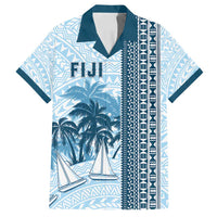 Custom Fiji Regatta Family Matching Off Shoulder Short Dress and Hawaiian Shirt Palm Tree Tapa Pattern LT05 Dad's Shirt - Short Sleeve Blue - Polynesian Pride