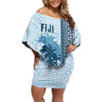 Custom Fiji Regatta Family Matching Off Shoulder Short Dress and Hawaiian Shirt Palm Tree Tapa Pattern LT05 Mom's Dress Blue - Polynesian Pride