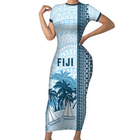 Custom Fiji Regatta Family Matching Short Sleeve Bodycon Dress and Hawaiian Shirt Palm Tree Tapa Pattern LT05 Mom's Dress Blue - Polynesian Pride