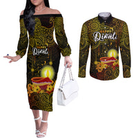 Happy Diwali Festival Couples Matching Off The Shoulder Long Sleeve Dress and Long Sleeve Button Shirts Diya Lamp Hibiscus Polynesian Pattern LT05 Yellow - Polynesian Pride