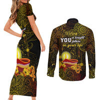 Happy Diwali Festival Couples Matching Short Sleeve Bodycon Dress and Long Sleeve Button Shirts Diya Lamp Hibiscus Polynesian Pattern LT05 - Polynesian Pride