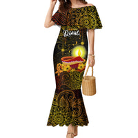 Happy Diwali Festival Family Matching Mermaid Dress and Hawaiian Shirt Diya Lamp Hibiscus Polynesian Pattern LT05 Mom's Dress Yellow - Polynesian Pride