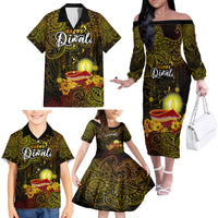 Happy Diwali Festival Family Matching Off Shoulder Long Sleeve Dress and Hawaiian Shirt Diya Lamp Hibiscus Polynesian Pattern LT05 - Polynesian Pride