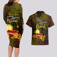 Personalized Happy Diwali Festival Couples Matching Long Sleeve Bodycon Dress and Hawaiian Shirt Diya Lamp Hibiscus Polynesian Pattern LT05 - Polynesian Pride