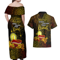 Personalized Happy Diwali Festival Couples Matching Off Shoulder Maxi Dress and Hawaiian Shirt Diya Lamp Hibiscus Polynesian Pattern LT05 - Polynesian Pride