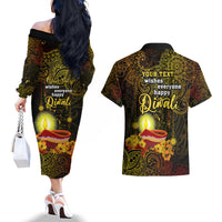 Personalized Happy Diwali Festival Couples Matching Off The Shoulder Long Sleeve Dress and Hawaiian Shirt Diya Lamp Hibiscus Polynesian Pattern LT05 - Polynesian Pride