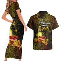 Personalized Happy Diwali Festival Couples Matching Short Sleeve Bodycon Dress and Hawaiian Shirt Diya Lamp Hibiscus Polynesian Pattern LT05 - Polynesian Pride