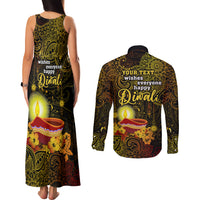 personalized-happy-diwali-festival-couples-matching-tank-maxi-dress-and-long-sleeve-button-shirts-diya-lamp-hibiscus-polynesian-pattern