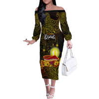 Personalized Happy Diwali Festival Family Matching Off Shoulder Long Sleeve Dress and Hawaiian Shirt Diya Lamp Hibiscus Polynesian Pattern LT05 Mom's Dress Yellow - Polynesian Pride