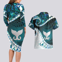 Aotearoa New Zealand Couples Matching Long Sleeve Bodycon Dress and Hawaiian Shirt Maori Wera Paua Shell Teal Glitter LT05 - Polynesian Pride