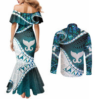 Aotearoa New Zealand Couples Matching Mermaid Dress and Long Sleeve Button Shirt Maori Wera Paua Shell Teal Glitter LT05 - Polynesian Pride