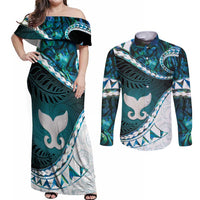 Aotearoa New Zealand Couples Matching Off Shoulder Maxi Dress and Long Sleeve Button Shirt Maori Wera Paua Shell Teal Glitter LT05 Teal - Polynesian Pride