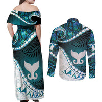 Aotearoa New Zealand Couples Matching Off Shoulder Maxi Dress and Long Sleeve Button Shirt Maori Wera Paua Shell Teal Glitter LT05 - Polynesian Pride