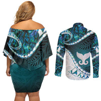 Aotearoa New Zealand Couples Matching Off Shoulder Short Dress and Long Sleeve Button Shirt Maori Wera Paua Shell Teal Glitter LT05 - Polynesian Pride