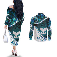 Aotearoa New Zealand Couples Matching Off The Shoulder Long Sleeve Dress and Long Sleeve Button Shirt Maori Wera Paua Shell Teal Glitter LT05 - Polynesian Pride