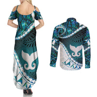 Aotearoa New Zealand Couples Matching Summer Maxi Dress and Long Sleeve Button Shirt Maori Wera Paua Shell Teal Glitter LT05 - Polynesian Pride
