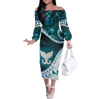 Aotearoa New Zealand Family Matching Off The Shoulder Long Sleeve Dress and Hawaiian Shirt Maori Wera Paua Shell Teal Glitter LT05 Mom's Dress Teal - Polynesian Pride