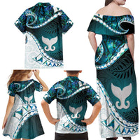 Aotearoa New Zealand Family Matching Off Shoulder Maxi Dress and Hawaiian Shirt Maori Wera Paua Shell Teal Glitter LT05 - Polynesian Pride