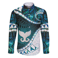 Aotearoa New Zealand Family Matching Off Shoulder Maxi Dress and Hawaiian Shirt Maori Wera Paua Shell Teal Glitter LT05 Dad's Shirt - Long Sleeve Teal - Polynesian Pride