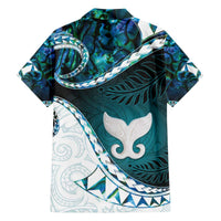Aotearoa New Zealand Family Matching Off Shoulder Short Dress and Hawaiian Shirt Maori Wera Paua Shell Teal Glitter LT05 - Polynesian Pride
