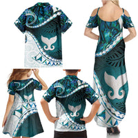 Aotearoa New Zealand Family Matching Summer Maxi Dress and Hawaiian Shirt Maori Wera Paua Shell Teal Glitter LT05 - Polynesian Pride