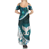 Aotearoa New Zealand Family Matching Summer Maxi Dress and Hawaiian Shirt Maori Wera Paua Shell Teal Glitter LT05 - Polynesian Pride