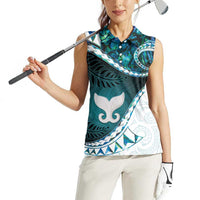 Aotearoa New Zealand Women Sleeveless Polo Shirt Maori Wera Paua Shell Teal Glitter LT05 - Polynesian Pride