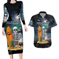 Personalised Hawaii Halloween Couples Matching Long Sleeve Bodycon Dress and Hawaiian Shirt Hallowaiian Skeleton Surf LT05 Black - Polynesian Pride