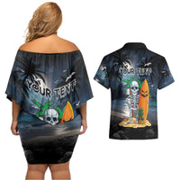 Personalised Hawaii Halloween Couples Matching Off Shoulder Short Dress and Hawaiian Shirt Hallowaiian Skeleton Surf