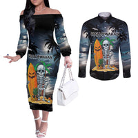 Personalised Hawaii Halloween Couples Matching Off The Shoulder Long Sleeve Dress and Long Sleeve Button Shirt Hallowaiian Skeleton Surf LT05 Black - Polynesian Pride