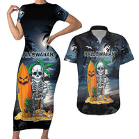 Personalised Hawaii Halloween Couples Matching Short Sleeve Bodycon Dress and Hawaiian Shirt Hallowaiian Skeleton Surf LT05 Black - Polynesian Pride