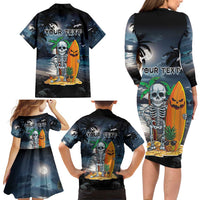 Personalised Hawaii Halloween Family Matching Long Sleeve Bodycon Dress and Hawaiian Shirt Hallowaiian Skeleton Surf LT05 - Polynesian Pride