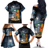 Personalised Hawaii Halloween Family Matching Off The Shoulder Long Sleeve Dress and Hawaiian Shirt Hallowaiian Skeleton Surf LT05 - Polynesian Pride