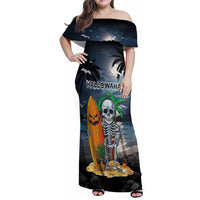 Personalised Hawaii Halloween Family Matching Off Shoulder Maxi Dress and Hawaiian Shirt Hallowaiian Skeleton Surf LT05 Mom's Dress Black - Polynesian Pride
