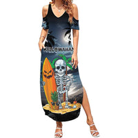 Personalised Hawaii Halloween Family Matching Summer Maxi Dress and Hawaiian Shirt Hallowaiian Skeleton Surf LT05 Mom's Dress Black - Polynesian Pride