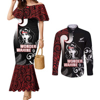 New Zealand Aotearoa Mana Wahine Couples Matching Mermaid Dress and Long Sleeve Button Shirt LT05 Black - Polynesian Pride