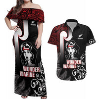 New Zealand Aotearoa Mana Wahine Couples Matching Off Shoulder Maxi Dress and Hawaiian Shirt LT05 Black - Polynesian Pride
